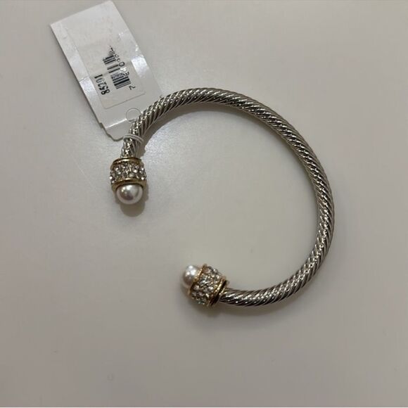 KAT + BRYN Stone Cable Cuff Bracelet Silver Gold Rhinestones Pearls - Picture 2 of 6